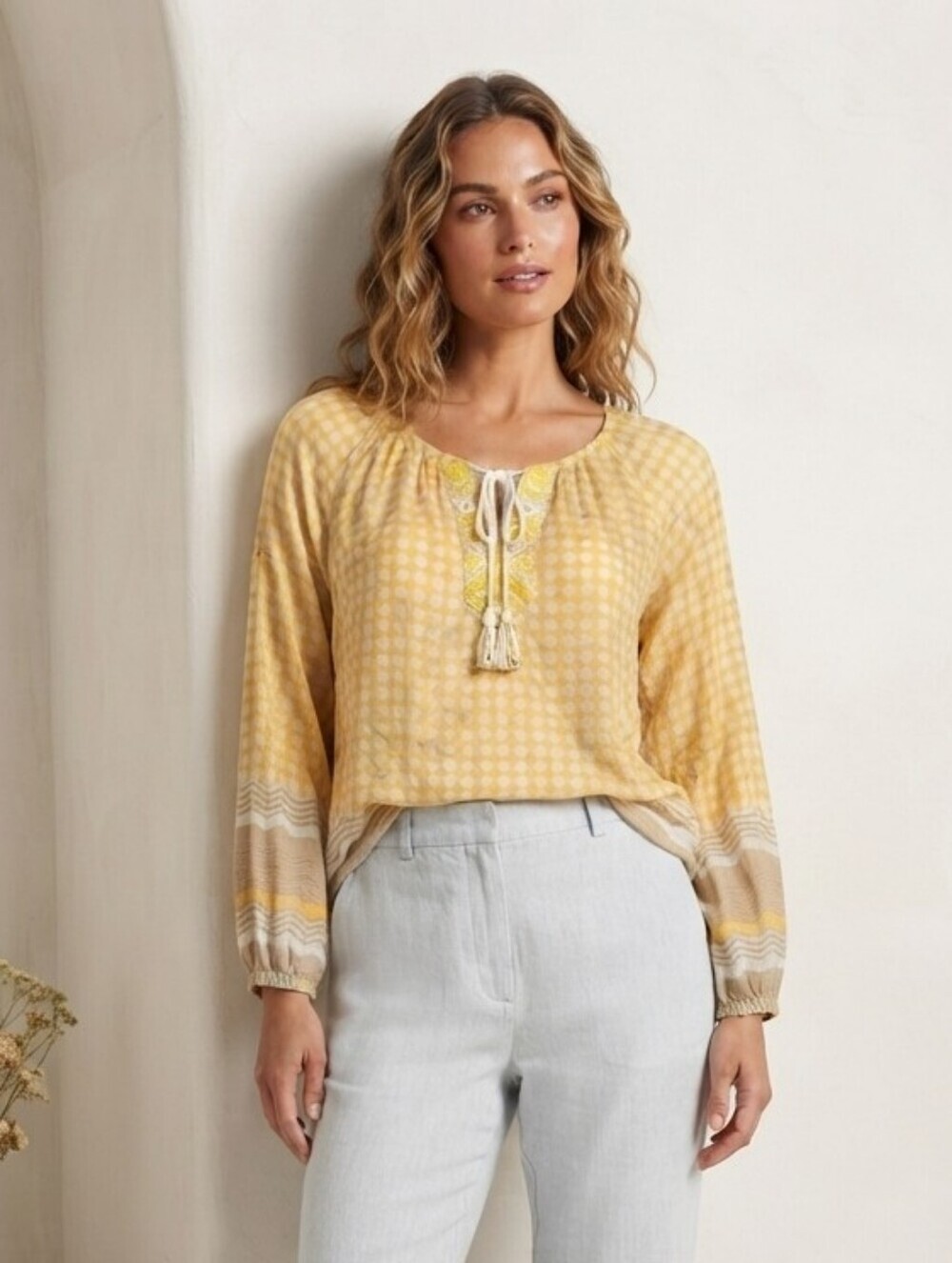 Derhy Beaded Bohemian V-Neck Blouse | Ivory & Mustard